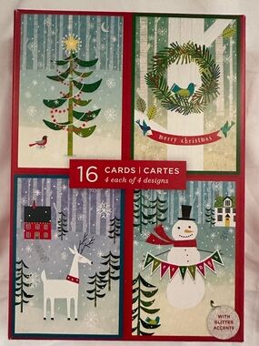 16 Ct Holiday Cards & Envelopes Set Tree, Wreath, Reindeer, Snowman Designs